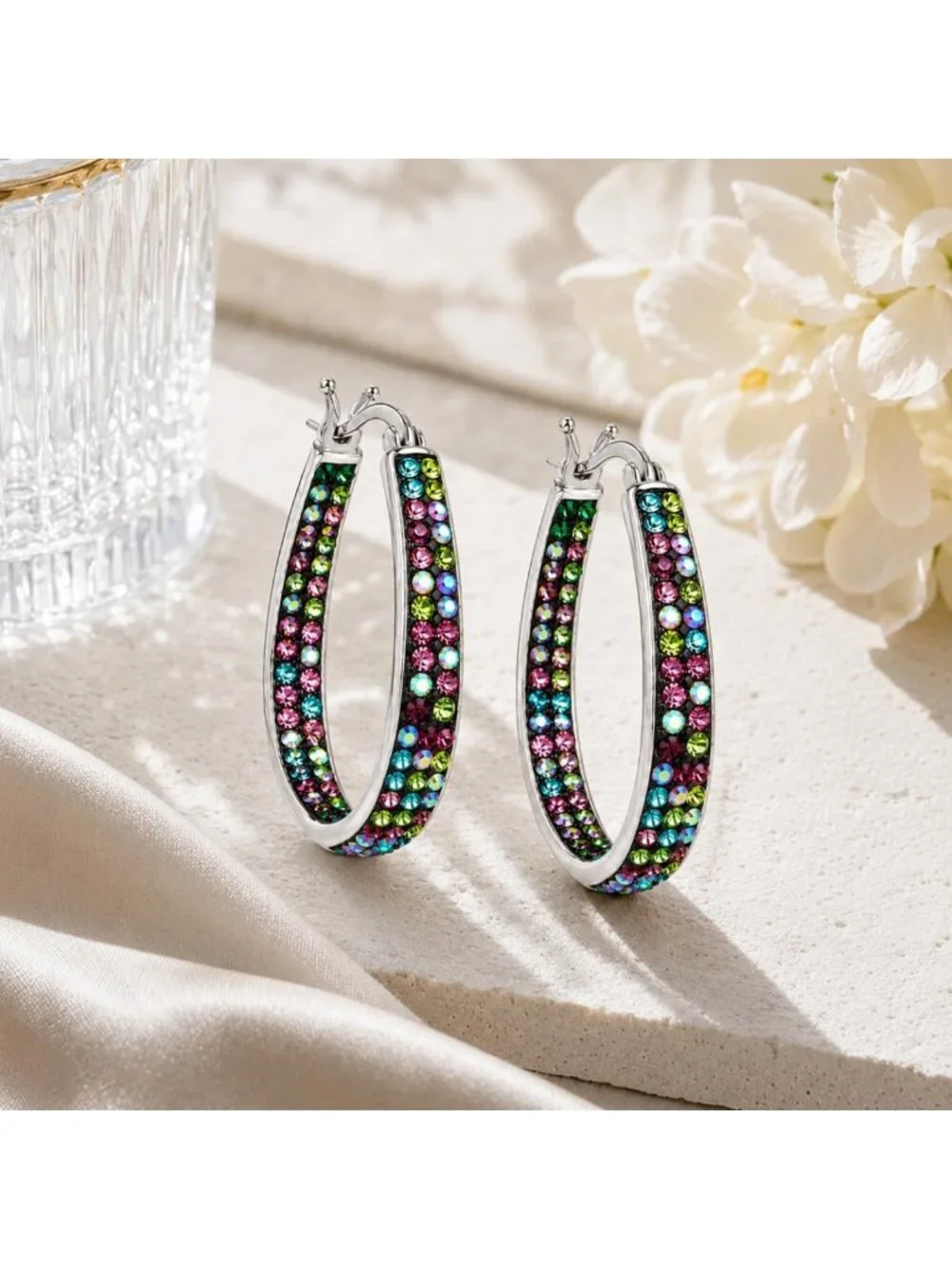 Sparkling Silver Plated Inside Out Crystal Hoop Earrings for Women - 1.2 Inch